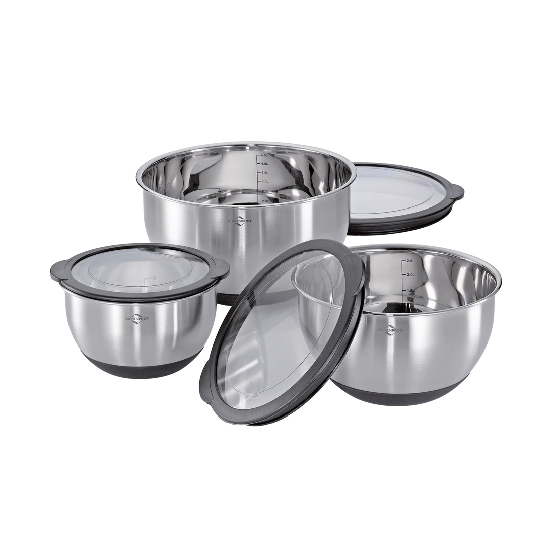 product image - Набір мисок з кришками Kuchenprofi Deluxe, діаметр 16 см/20 см/24 см, сріблястий, 3 шт