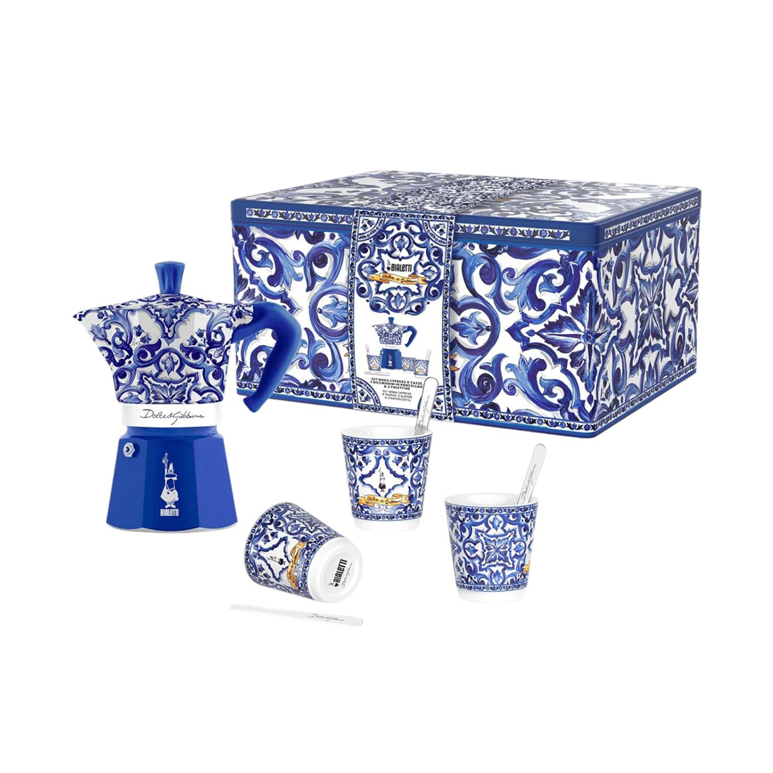 product image - Набор гейзерная кофеварка и чашки Bialetti Dolce&Gabbana Blu Mediterraneo, объем 0,27 л, 7 пр.