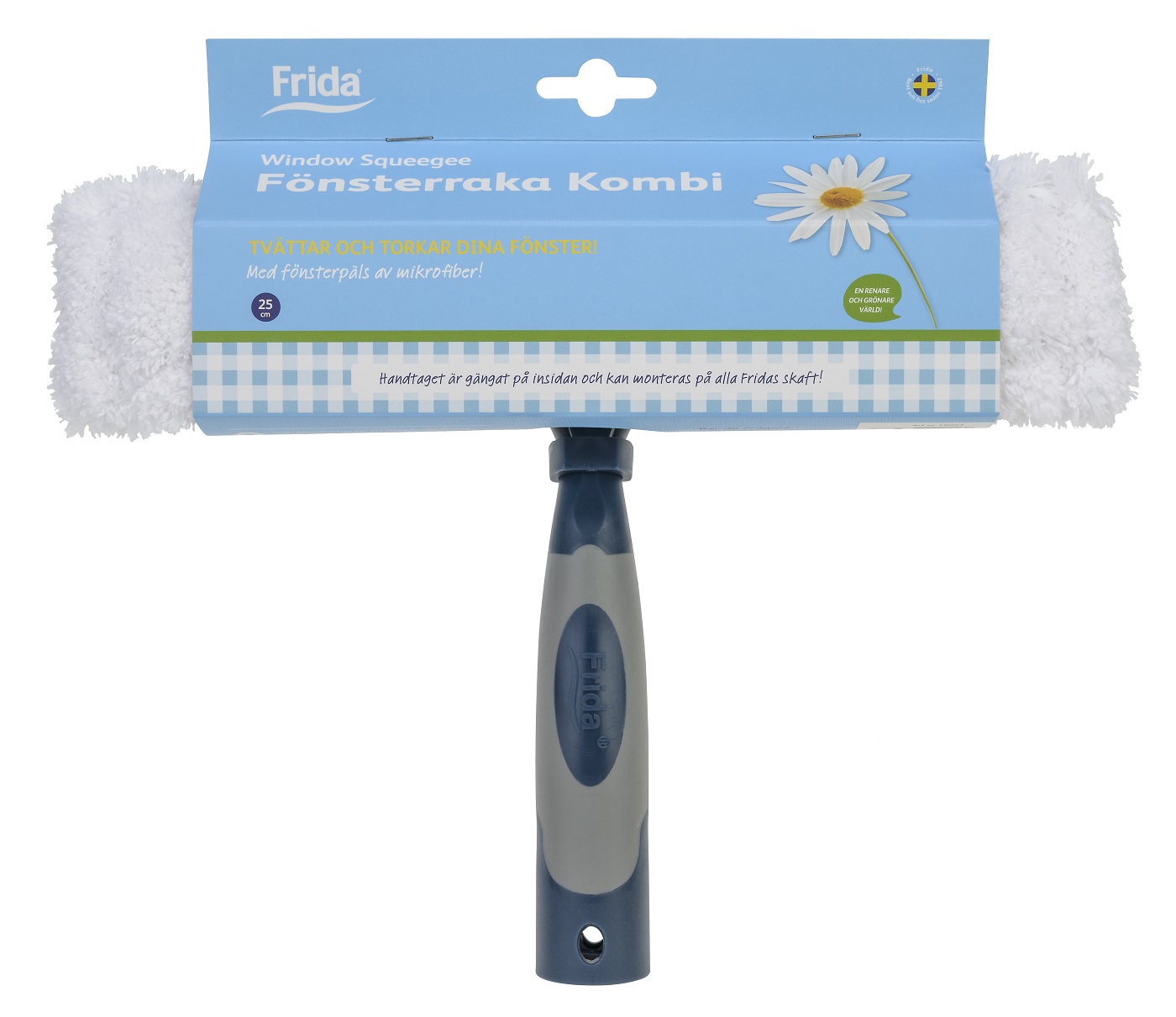 product image - Стеклоочиститель комбинированный с микрофибровой насадкой и резиновым скребком Frida, длина 25 см, синий