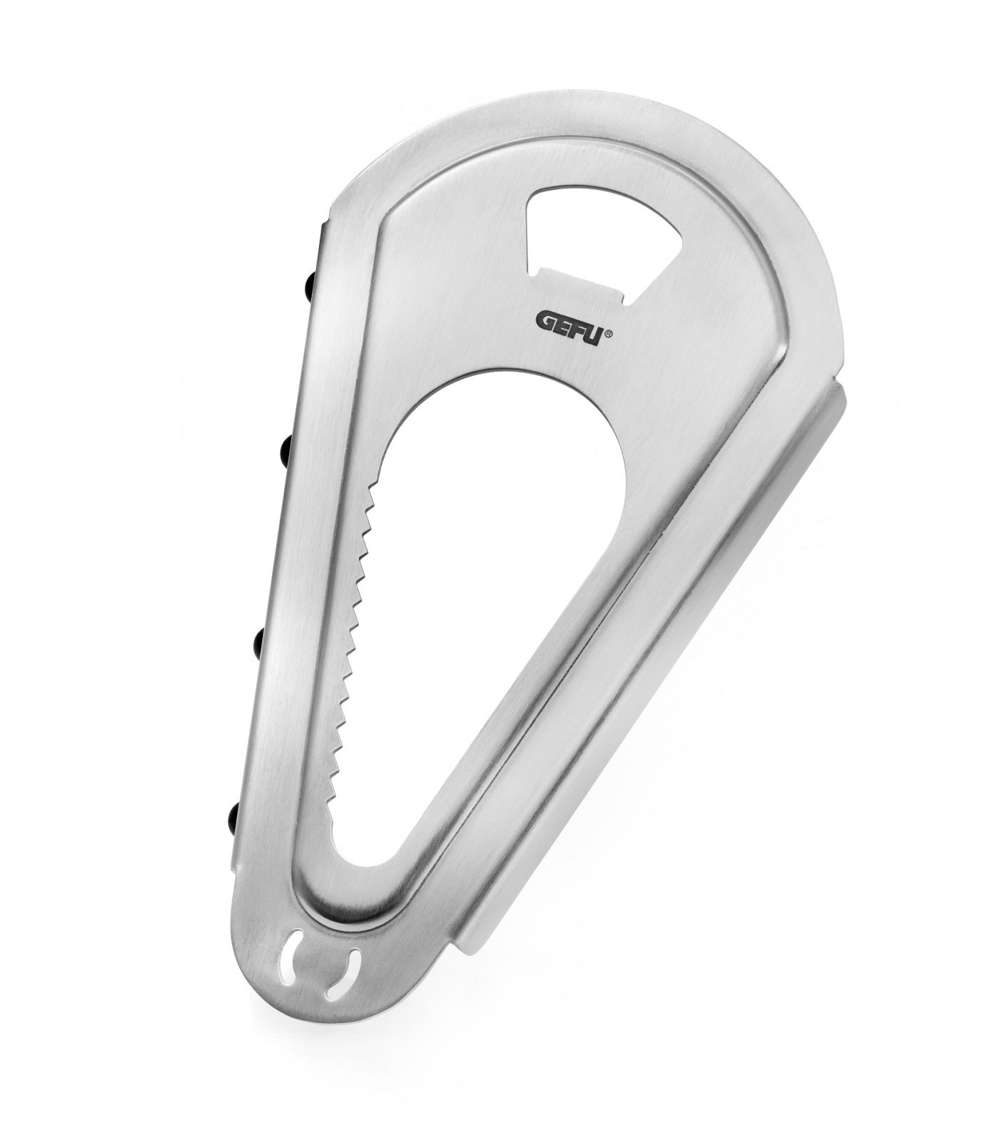 product image - Открывалка для бутылок и банок 4 в 1 GEFU PRACTICO, 16,2х9,4х1,5 см, серебристый