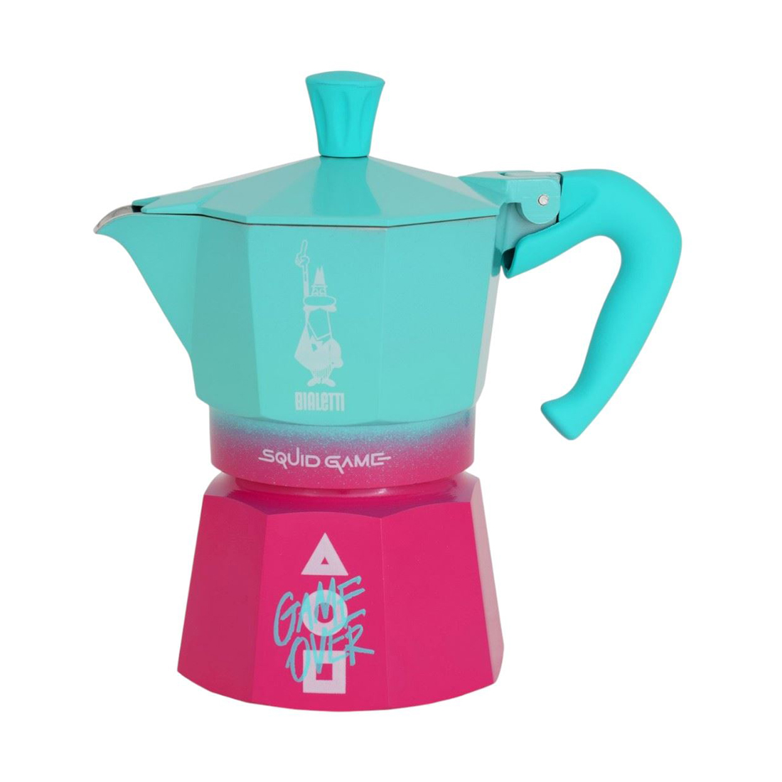 product image - Кофеварка гейзерная Bialetti Moka Express Squid Game, объем 0,13 л, на 3 чашки, розово-голубой