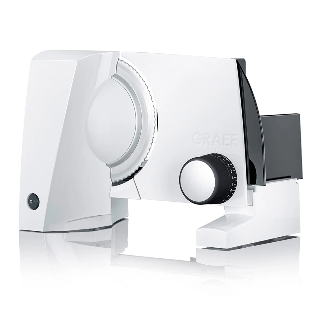 product image - Слайсер електричний з регулюванням товщини і системою захисту Graef, розміри 23x32x24 см, білий