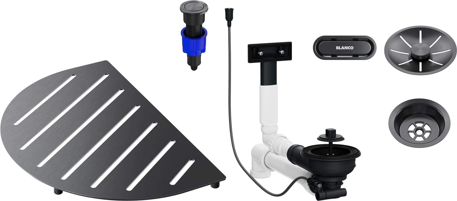 product image - Комплект з аксесуара до чаш OOVALON та відвідної арматури InFino з клапаном-автоматом та кошиковим вентилем 3 1/2", satin dark steel