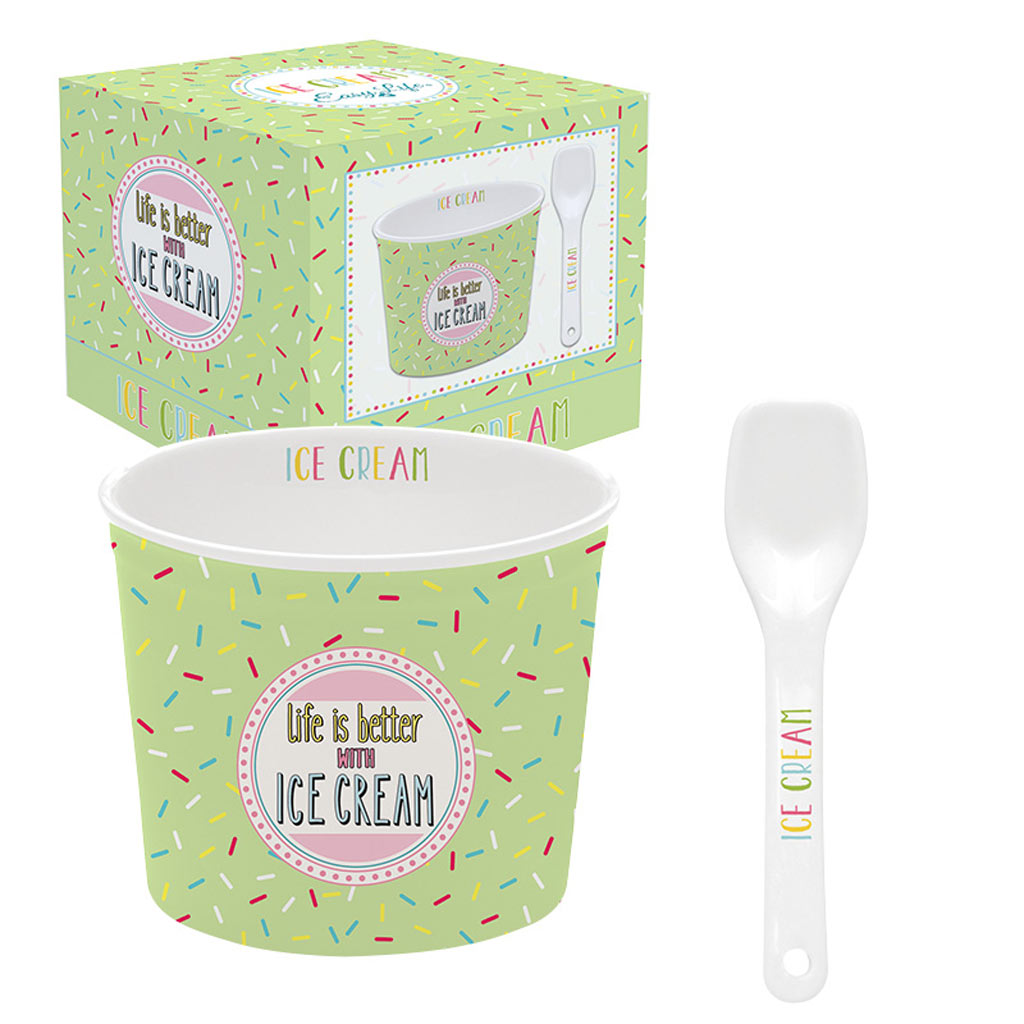 product image - Набір для морозива: порцелянова чаша з ложкою Easy Life ICE CREAM, зелений, 2 предмети