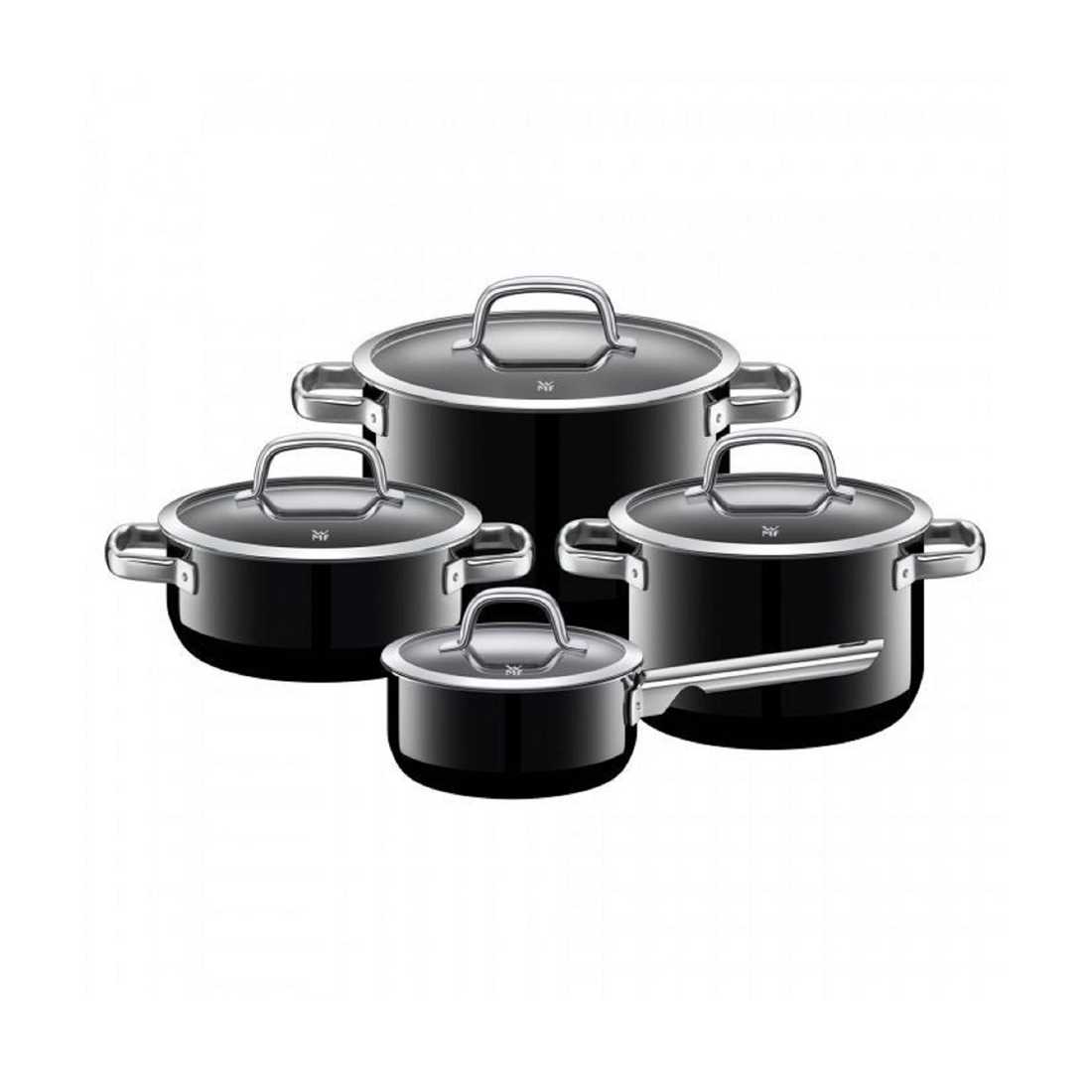 product image - Набор кухонной посуды WMF FUSIONTEC MINERAL: 3 кастрюли (2,4 л, 3,7 л, 6,4 л) и сотейник (1,3 л) с крышками, черный, 8 предметов