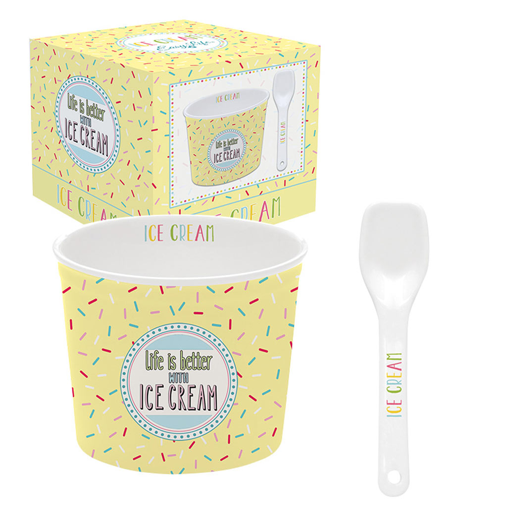 product image - Набір для морозива: порцелянова чаша з ложкою Easy Life ICE CREAM, жовтий, 2 предмети