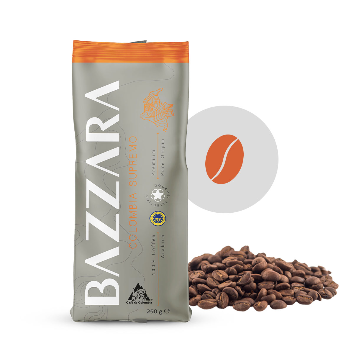 Кофе в зернах Bazzara COLOMBIA SUPREMO, 0,25 кг, вакуумный пакет, оранжевый