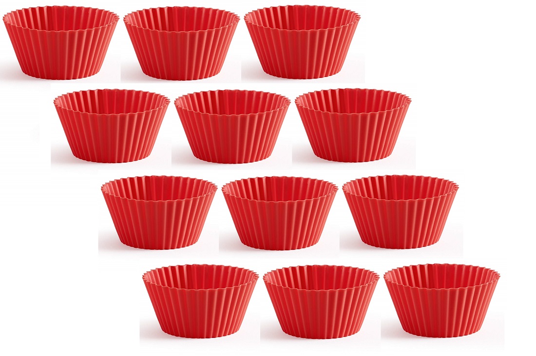 product image - Набор: силиконовые многоразовые формы для выпечки кексов Lekue, 7 см, красный, 12 штук
