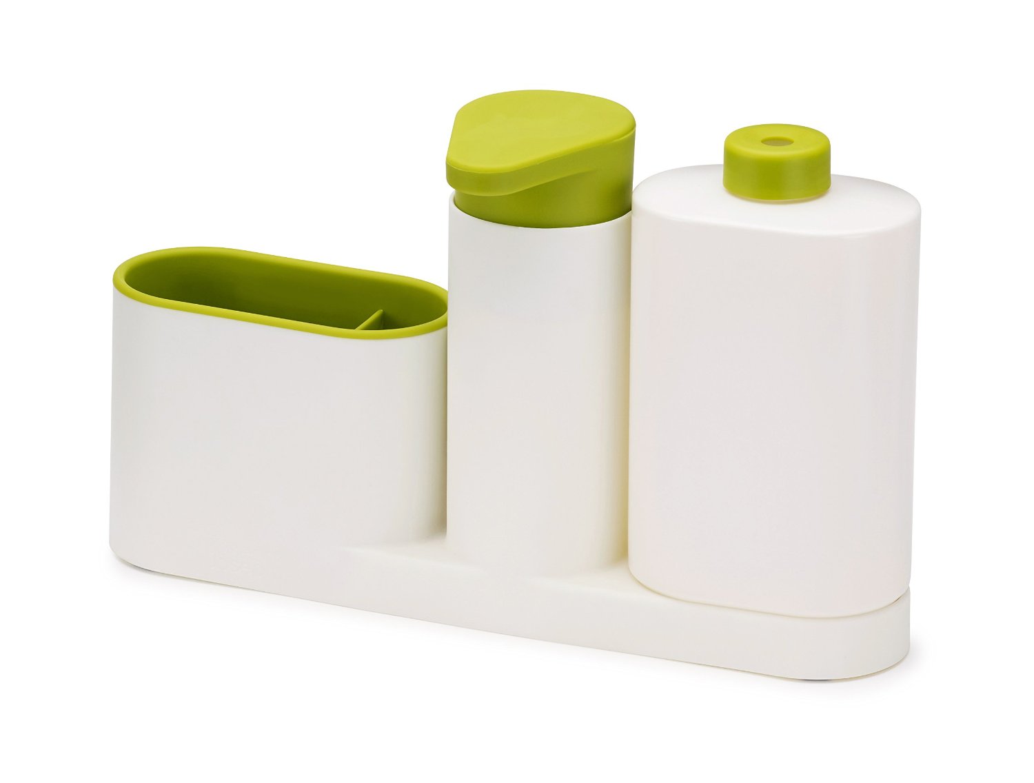 product image - Органайзер для раковины на 3 секции, с дозатором для мыла и бутылочкой Joseph Joseph sinkbase plus, 27х16,5х6 см, зеленый