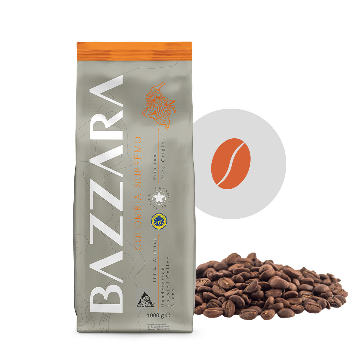 Кофе в зернах Bazzara COLOMBIA SUPREMO, 1 кг, вакуумный пакет, оранжевый
