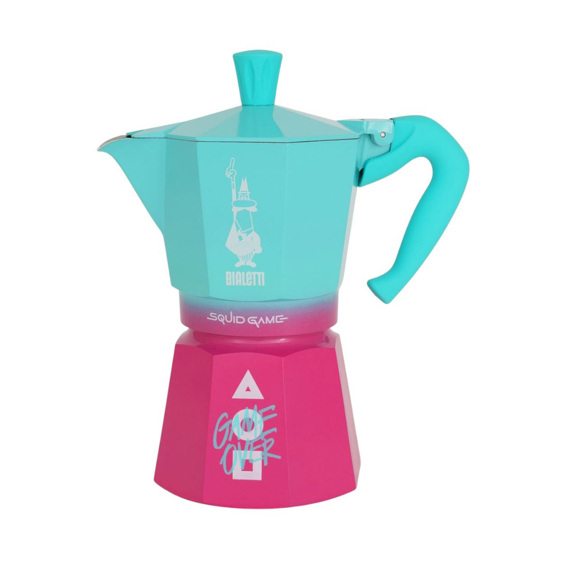product image - Кавоварка гейзерна Bialetti Moka Express Squid Game, об'єм 0,27 л, на 6 чашок, рожево-блакитний