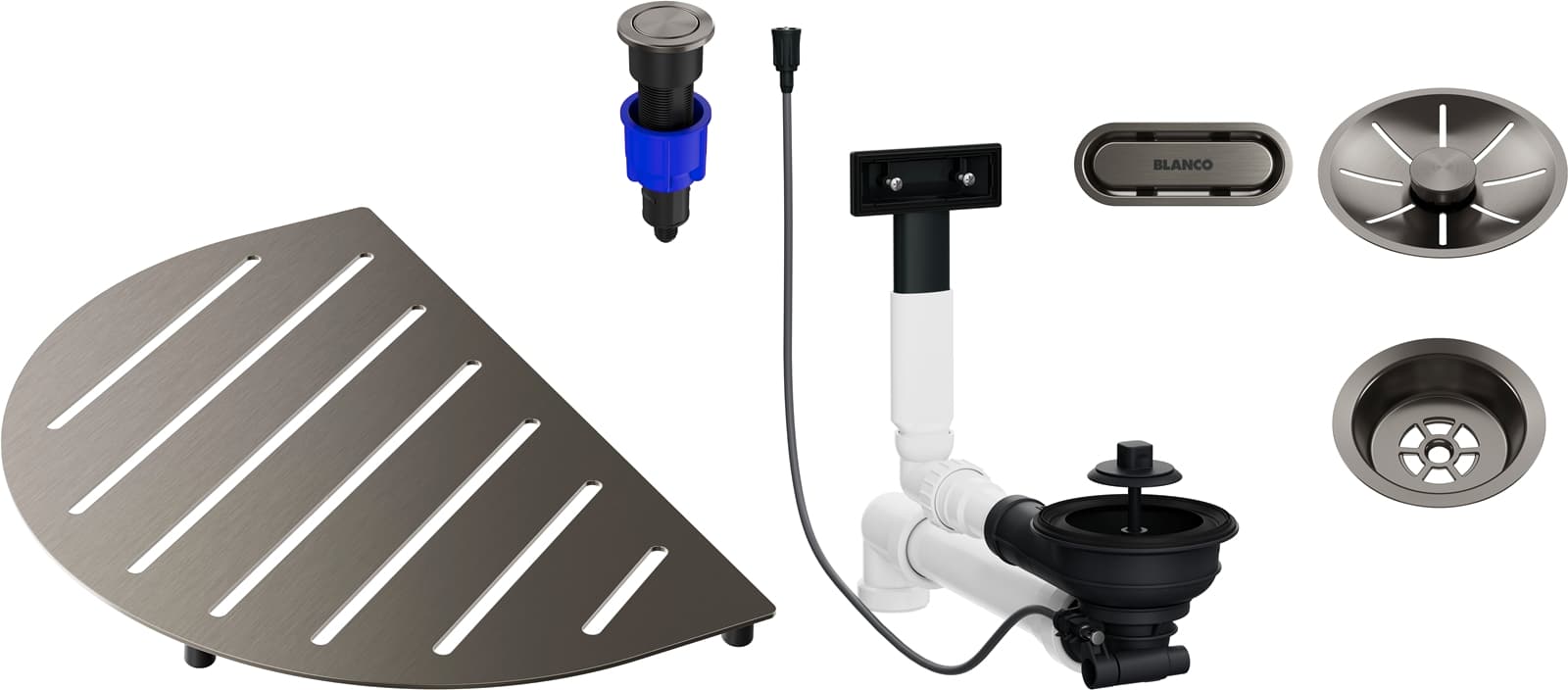 product image - Комплект з аксесуара до чаш OOVALON та відвідної арматури InFino з клапаном-автоматом та кошиковим вентилем 3 1/2", satin platinum