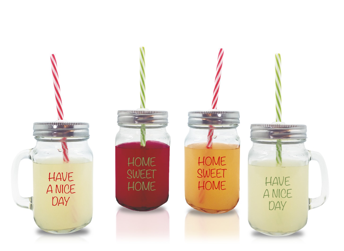 product image - Набор стаканов с ручкой, трубочкой и крышкой Nerthus Mason Jar , объем 0,45 л, 4 штуки