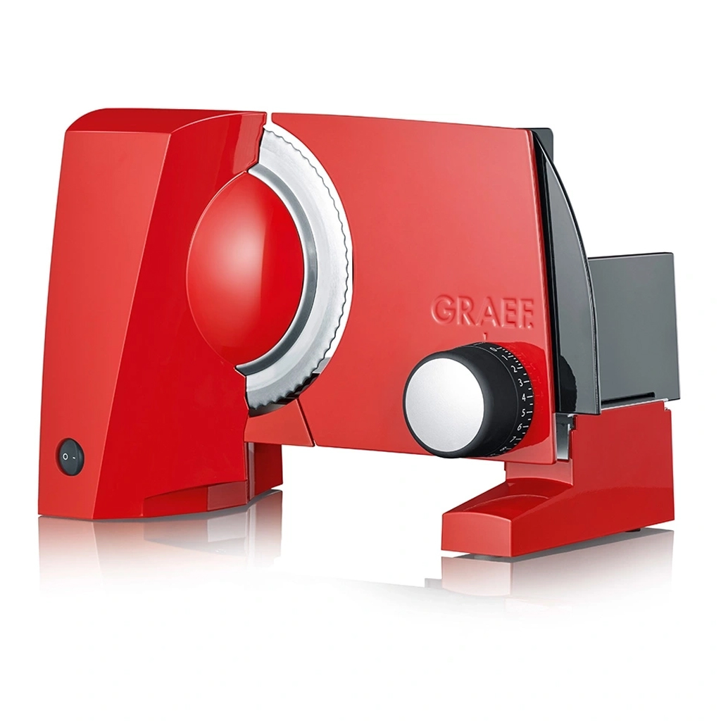 product image - Слайсер электрический с регулировкой толщины и системой защиты Graef, размеры 23x32x24 см, красный.