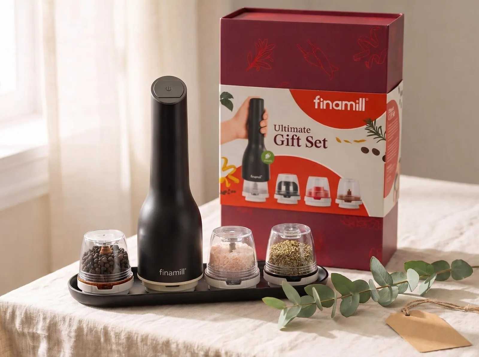 Набор мельница для специй аккумуляторная + 4 пода FinaMill USB, черный, 6 пр