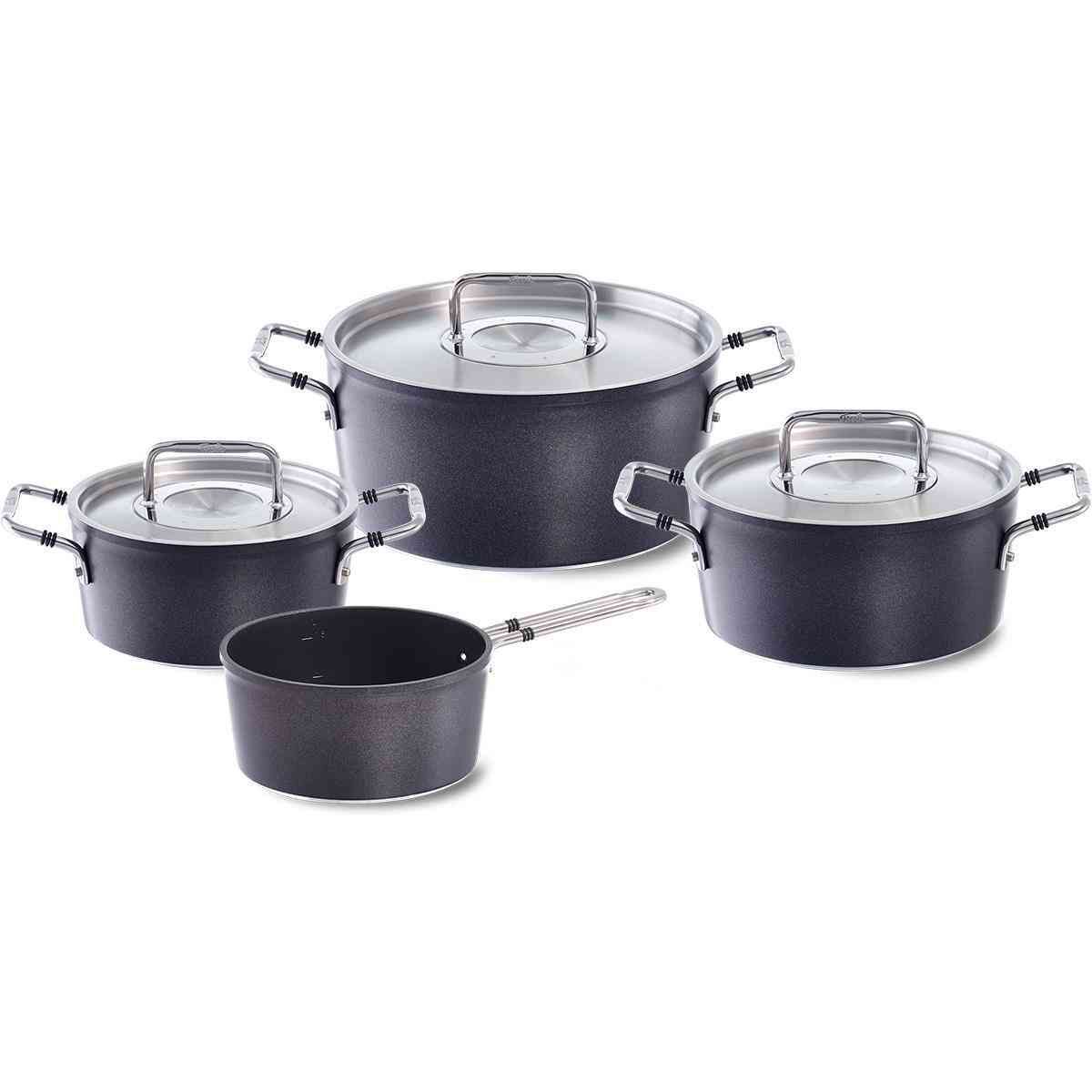 product image - Набір кухонного посуду: 3 каструлі з кришками і соусник, Fissler LUNO, чорний/металевий, 4 предмети