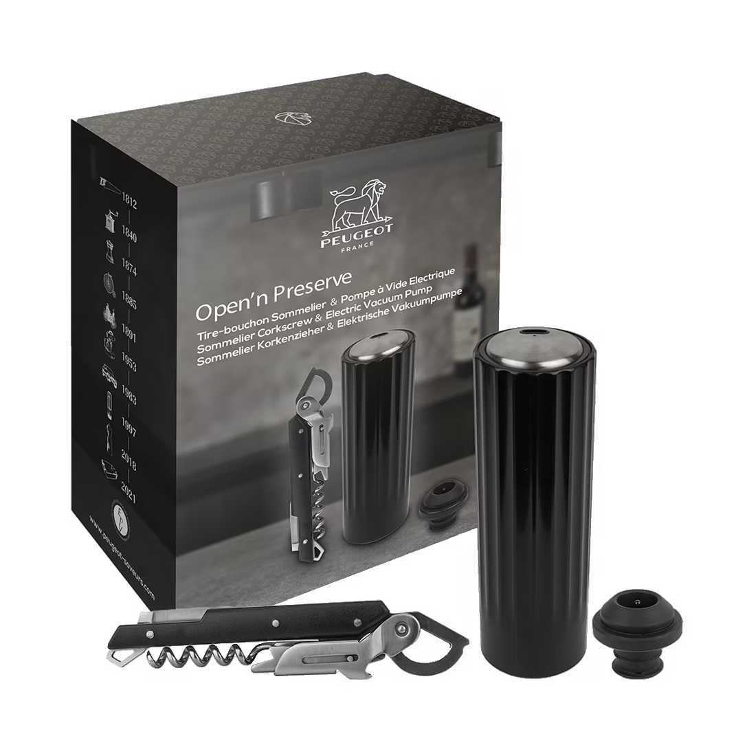 product image - Набор для вина: вакуумный электронасос и штопор сомелье Peugeot PRESERVE, черный