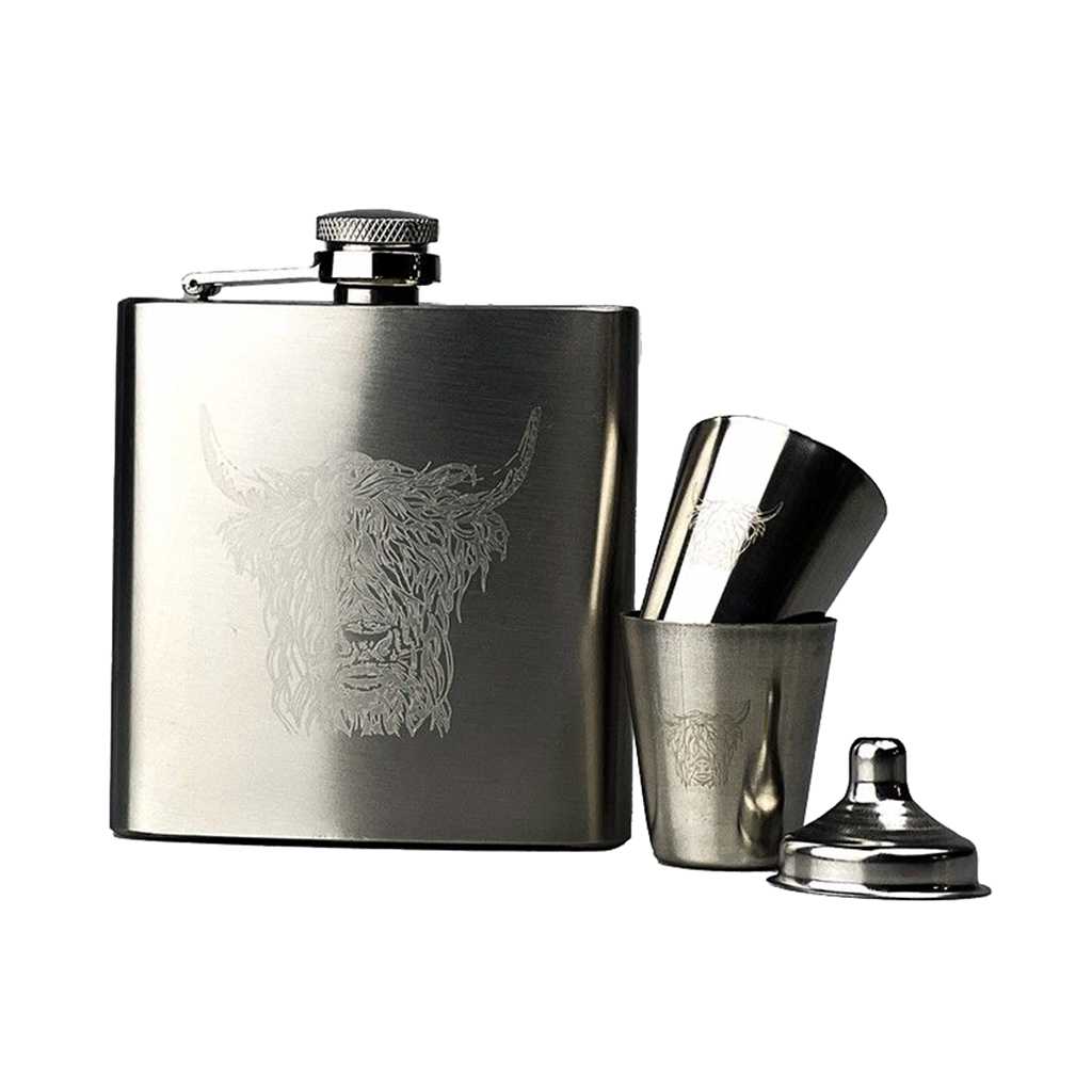 product image - Набор фляга 0,18 л и 2 стопки Just Slate HIGHLAND COW, 4 предмета
