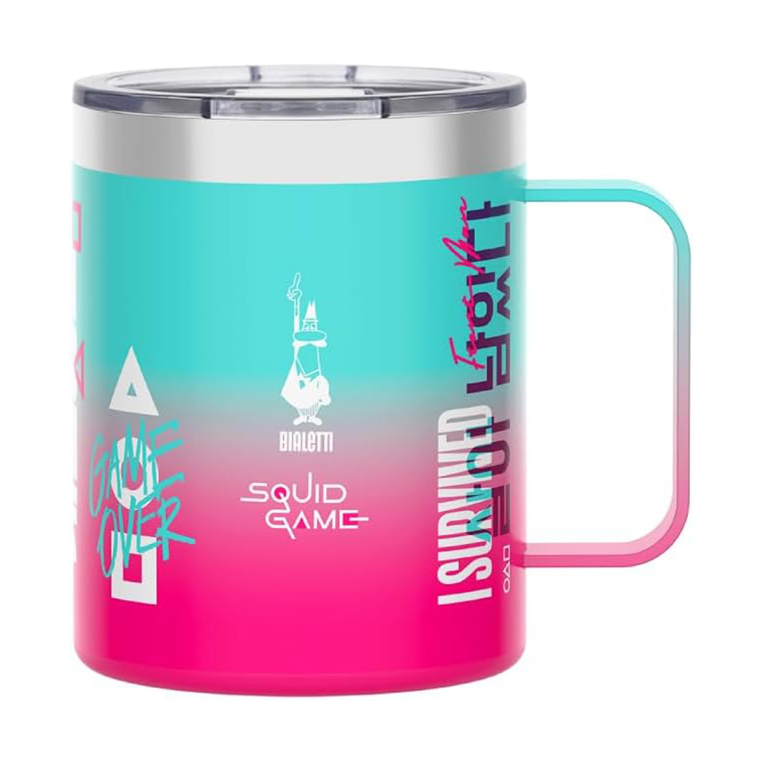 product image - Термокружка с ручкой Bialetti Squid Game, объем 0,42 л, розово-голубой