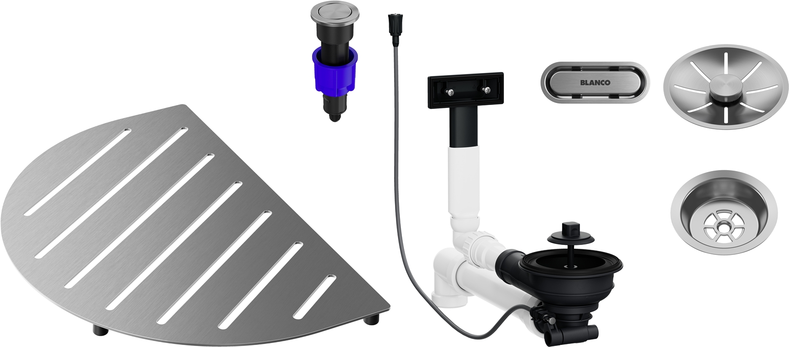 product image - Комплект з аксесуара до чаш OOVALON та відвідної арматури InFino з клапаном-автоматом та кошиковим вентилем 3 1/2", нержавіюча сталь