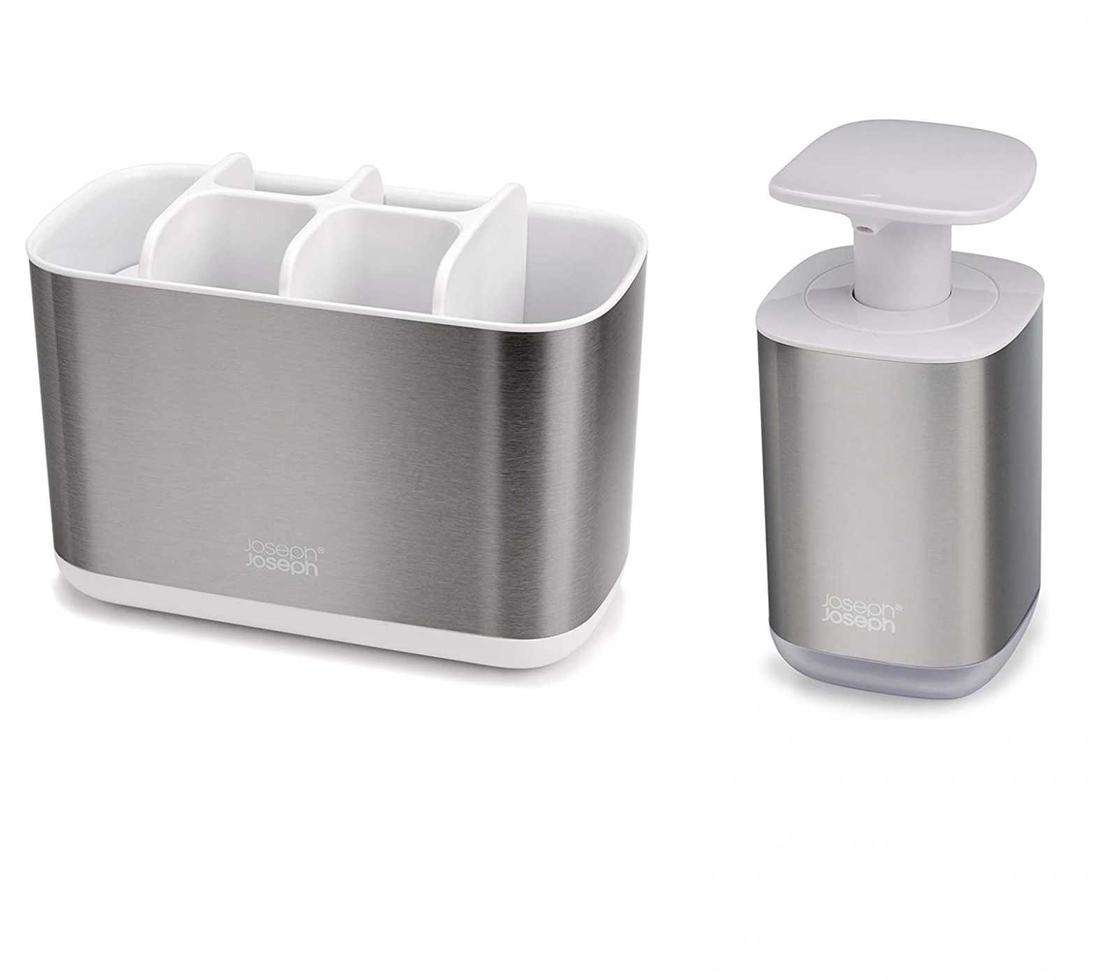 product image - Набор: диспенсер для жидкого мыла и органайзер для зубных щеток Joseph Joseph SINK, серый