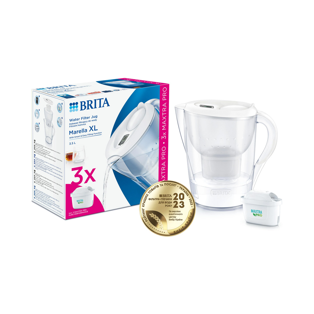 product image - Фільтр-глечик + 3 картриджі Brita Marella XL MXpro, об'єм 3,5 л, білий
