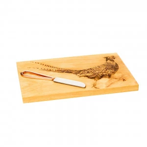 Набір: дошка дерев'яна з гравіюванням "Фазан" (30х20х2 см) і ніж для сиру (9 см), бежевий, 2 предмети
